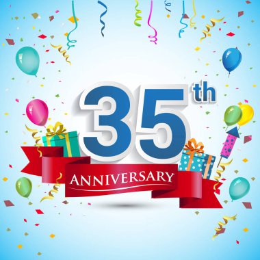 doksan beş için hediye kutusu ve balonlar, kırmızı kurdele, renkli vektör şablon öğeleri ile 35 yıl yıldönümü kutlama tasarım, Doğum günü partisi kutluyor.