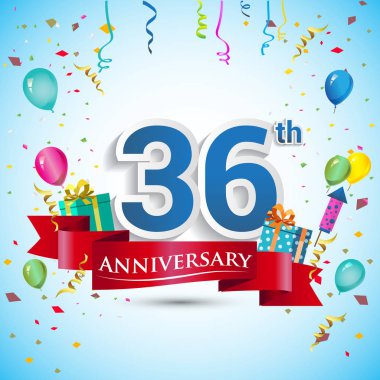 doksan beş için hediye kutusu ve balonlar, kırmızı kurdele, renkli vektör şablon öğeleri ile 36 yıl yıldönümü kutlama tasarım, Doğum günü partisi kutluyor.