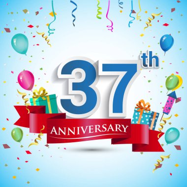 doksan beş için hediye kutusu ve balonlar, kırmızı kurdele, renkli vektör şablon öğeleri ile 37 yıl yıldönümü kutlama tasarım, Doğum günü partisi kutluyor.