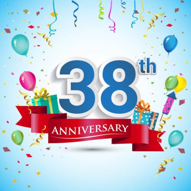 doksan beş için hediye kutusu ve balonlar, kırmızı kurdele, renkli vektör şablon öğeleri ile 38 yıl yıldönümü kutlama tasarım, Doğum günü partisi kutluyor.