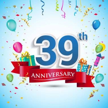 doksan beş için hediye kutusu ve balonlar, kırmızı kurdele, renkli vektör şablon öğeleri ile 39 yıl yıldönümü kutlama tasarım, Doğum günü partisi kutluyor.