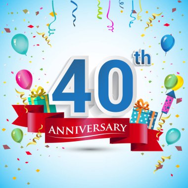 doksan beş için hediye kutusu ve balonlar, kırmızı kurdele, renkli vektör şablon öğeleri ile 40 yıl yıldönümü kutlama tasarım, Doğum günü partisi kutluyor.