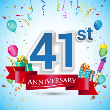 doksan beş için hediye kutusu ve balonlar, kırmızı kurdele, renkli vektör şablon öğeleri ile 41 yıl yıldönümü kutlama tasarım, Doğum günü partisi kutluyor.