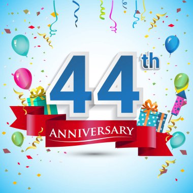 doksan beş için hediye kutusu ve balonlar, kırmızı kurdele, renkli vektör şablon öğeleri ile 44 yıl yıldönümü kutlama tasarım, Doğum günü partisi kutluyor.