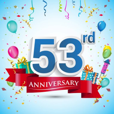 doksan beş için hediye kutusu ve balonlar, kırmızı kurdele, renkli vektör şablon öğeleri ile 53 yıl yıldönümü kutlama tasarım, Doğum günü partisi kutluyor.