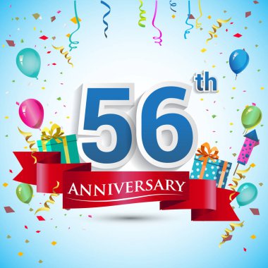 doksan beş için hediye kutusu ve balonlar, kırmızı kurdele, renkli vektör şablon öğeleri ile 56 yıl yıldönümü kutlama tasarım, Doğum günü partisi kutluyor.