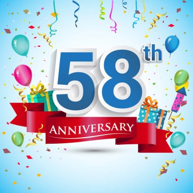 doksan beş için hediye kutusu ve balonlar, kırmızı kurdele, renkli vektör şablon öğeleri ile 58 yıl yıldönümü kutlama tasarım, Doğum günü partisi kutluyor.