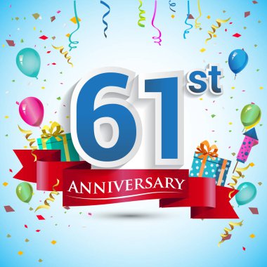 doksan beş için hediye kutusu ve balonlar, kırmızı kurdele, renkli vektör şablon öğeleri ile 61 yıl yıldönümü kutlama tasarım, Doğum günü partisi kutluyor.