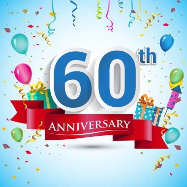 doksan beş için hediye kutusu ve balonlar, kırmızı kurdele, renkli vektör şablon öğeleri ile 60 yıl yıldönümü kutlama tasarım, Doğum günü partisi kutluyor.