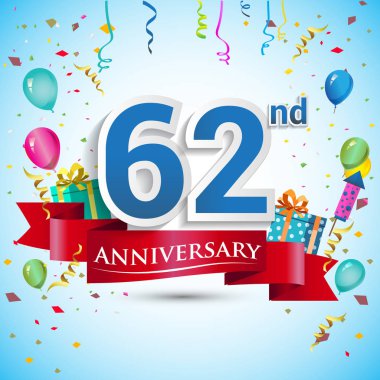 doksan beş için hediye kutusu ve balonlar, kırmızı kurdele, renkli vektör şablon öğeleri ile 62 yıl yıldönümü kutlama tasarım, Doğum günü partisi kutluyor.