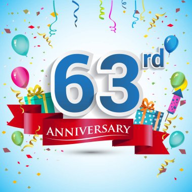 doksan beş için hediye kutusu ve balonlar, kırmızı kurdele, renkli vektör şablon öğeleri ile 63 yıl yıldönümü kutlama tasarım, Doğum günü partisi kutluyor.
