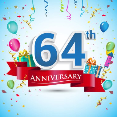 doksan beş için hediye kutusu ve balonlar, kırmızı kurdele, renkli vektör şablon öğeleri ile 64 yıl yıldönümü kutlama tasarım, Doğum günü partisi kutluyor.