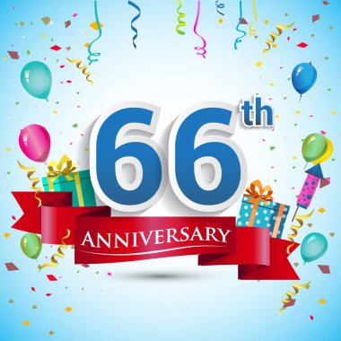 doksan beş için hediye kutusu ve balonlar, kırmızı kurdele, renkli vektör şablon öğeleri ile 66 yıl yıldönümü kutlama tasarım, Doğum günü partisi kutluyor.
