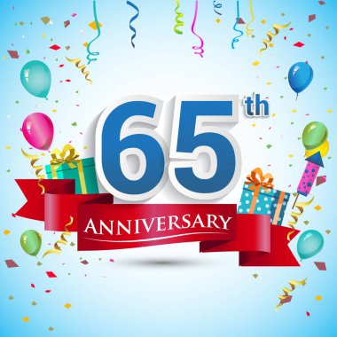 doksan beş için hediye kutusu ve balonlar, kırmızı kurdele, renkli vektör şablon öğeleri ile 65 yıl yıldönümü kutlama tasarım, Doğum günü partisi kutluyor.