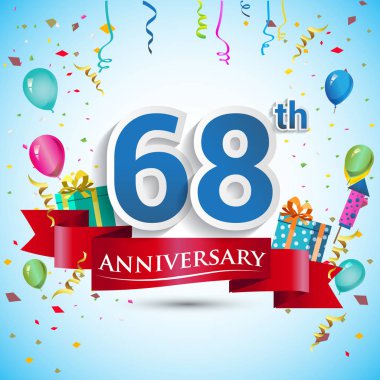 doksan beş için hediye kutusu ve balonlar, kırmızı kurdele, renkli vektör şablon öğeleri ile 68 yıl yıldönümü kutlama tasarım, Doğum günü partisi kutluyor.