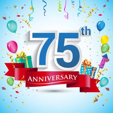 doksan beş için hediye kutusu ve balonlar, kırmızı kurdele, renkli vektör şablon öğeleri ile 75 yıl yıldönümü kutlama tasarım, Doğum günü partisi kutluyor.