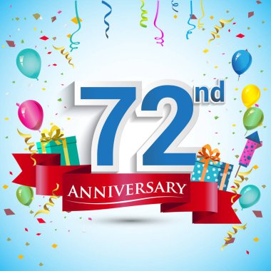 doksan beş için hediye kutusu ve balonlar, kırmızı kurdele, renkli vektör şablon öğeleri ile 72 yıl yıldönümü kutlama tasarım, Doğum günü partisi kutluyor.