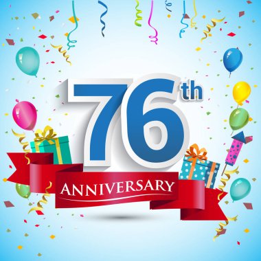doksan beş için hediye kutusu ve balonlar, kırmızı kurdele, renkli vektör şablon öğeleri ile 76 yıl yıldönümü kutlama tasarım, Doğum günü partisi kutluyor.