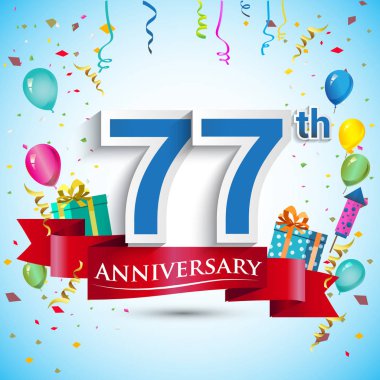 doksan beş için hediye kutusu ve balonlar, kırmızı kurdele, renkli vektör şablon öğeleri ile 77 yıl yıldönümü kutlama tasarım, Doğum günü partisi kutluyor.