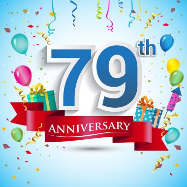 doksan beş için hediye kutusu ve balonlar, kırmızı kurdele, renkli vektör şablon öğeleri ile 79 yıl yıldönümü kutlama tasarım, Doğum günü partisi kutluyor.