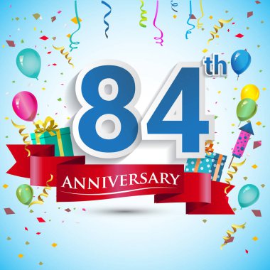 doksan beş için hediye kutusu ve balonlar, kırmızı kurdele, renkli vektör şablon öğeleri ile 84 yıl yıldönümü kutlama tasarım, Doğum günü partisi kutluyor.