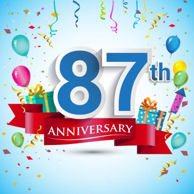doksan beş için hediye kutusu ve balonlar, kırmızı kurdele, renkli vektör şablon öğeleri ile 87 yıl yıldönümü kutlama tasarım, Doğum günü partisi kutluyor.