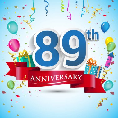 doksan beş için hediye kutusu ve balonlar, kırmızı kurdele, renkli vektör şablon öğeleri ile 89 yıl yıldönümü kutlama tasarım, Doğum günü partisi kutluyor.