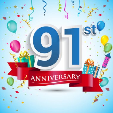doksan beş için hediye kutusu ve balonlar, kırmızı kurdele, renkli vektör şablon öğeleri ile 91 yıl yıldönümü kutlama tasarım, Doğum günü partisi kutluyor.