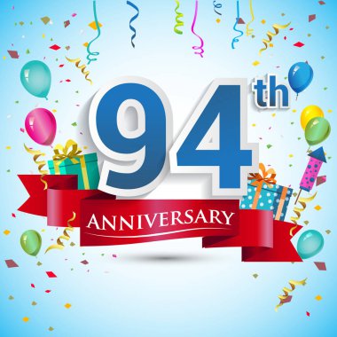 doksan beş için hediye kutusu ve balonlar, kırmızı kurdele, renkli vektör şablon öğeleri ile 94 yıl yıldönümü kutlama tasarım, Doğum günü partisi kutluyor.