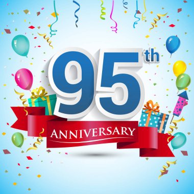 95 yıl yıldönümü kutlama tasarımı, doksan beş için hediye kutusu ve balonlar, kırmızı kurdele, renkli vektör şablon öğeleri ile Doğum günü partisi kutluyor.