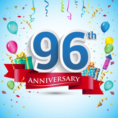 doksan beş için hediye kutusu ve balonlar, kırmızı kurdele, renkli vektör şablon öğeleri ile 96 yıl yıldönümü kutlama tasarım, Doğum günü partisi kutluyor.
