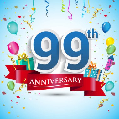 doksan beş için hediye kutusu ve balonlar, kırmızı kurdele, renkli vektör şablon öğeleri ile 99 yıl yıldönümü kutlama tasarım, Doğum günü partisi kutluyor.