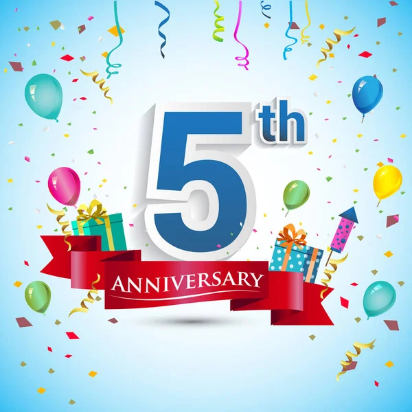 doksan beş için hediye kutusu ve balonlar, kırmızı kurdele, renkli vektör şablon öğeleri ile 5 yıl yıldönümü kutlama tasarım, Doğum günü partisi kutluyor.