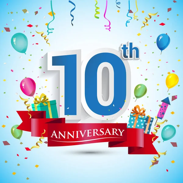 doksan beş için hediye kutusu ve balonlar, kırmızı kurdele, renkli vektör şablon öğeleri ile 10 yıl yıldönümü kutlama tasarım, Doğum günü partisi kutluyor.