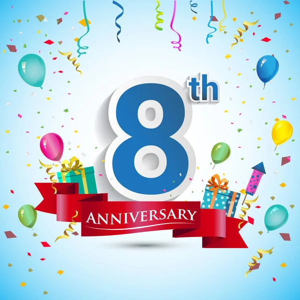 doksan beş için hediye kutusu ve balonlar, kırmızı kurdele, renkli vektör şablon öğeleri ile 8 yıl yıldönümü kutlama tasarım, Doğum günü partisi kutluyor.