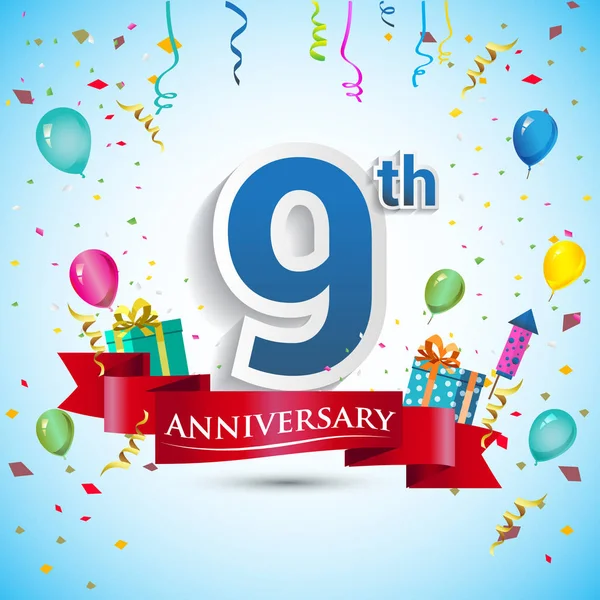 doksan beş için hediye kutusu ve balonlar, kırmızı kurdele, renkli vektör şablon öğeleri ile 9 yıl yıldönümü kutlama tasarımı Doğum günü partisi kutluyor.