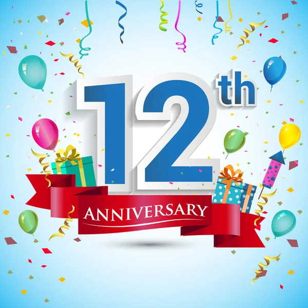 doksan beş için hediye kutusu ve balonlar, kırmızı kurdele, renkli vektör şablon öğeleri ile 12 yıl yıldönümü kutlama tasarım, Doğum günü partisi kutluyor.