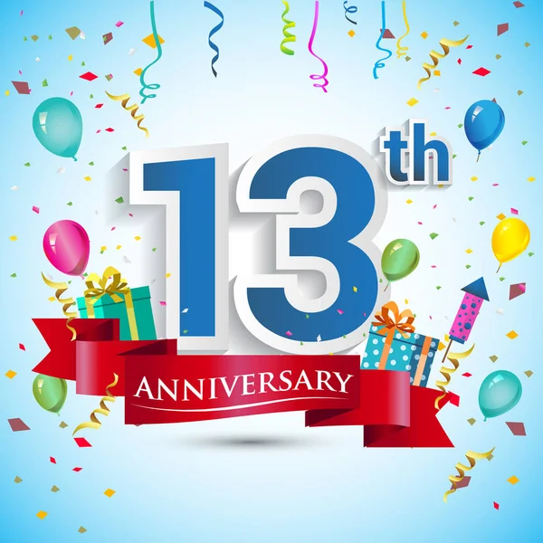 13E Jaar Verjaardag Viering Design Met Handige Geschenk Doos Ballonnen — Stockvector