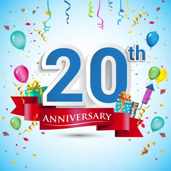 doksan beş için hediye kutusu ve balonlar, kırmızı kurdele, renkli vektör şablon öğeleri ile 20 yıl yıldönümü kutlama tasarım, Doğum günü partisi kutluyor.