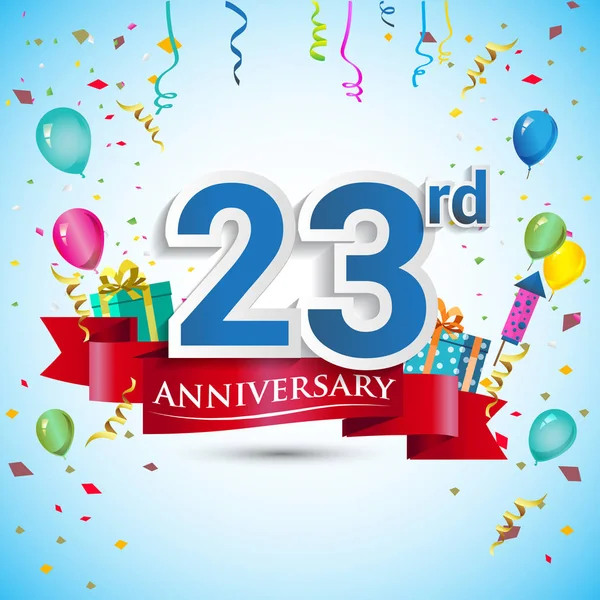 23Rd Years Anniversary Celebration Design Con Caja Regalo Globos Cinta — Vector de stock