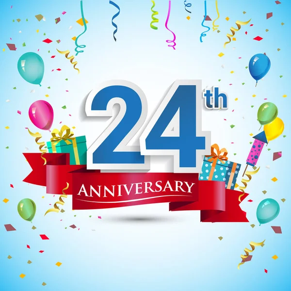 doksan beş için hediye kutusu ve balonlar, kırmızı kurdele, renkli vektör şablon öğeleri ile 24 yıl yıldönümü kutlama tasarım, Doğum günü partisi kutluyor.