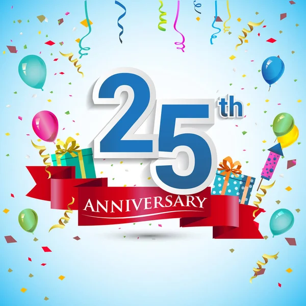 25Th Years Anniversary Celebration Design Con Caja Regalo Globos Cinta — Vector de stock