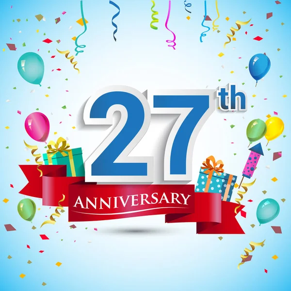 doksan beş için hediye kutusu ve balonlar, kırmızı kurdele, renkli vektör şablon öğeleri ile 27 yıl yıldönümü kutlama tasarım, Doğum günü partisi kutluyor.