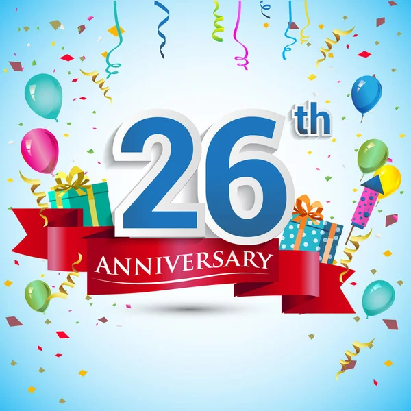 doksan beş için hediye kutusu ve balonlar, kırmızı kurdele, renkli vektör şablon öğeleri ile 26 yıl yıldönümü kutlama tasarım, Doğum günü partisi kutluyor.