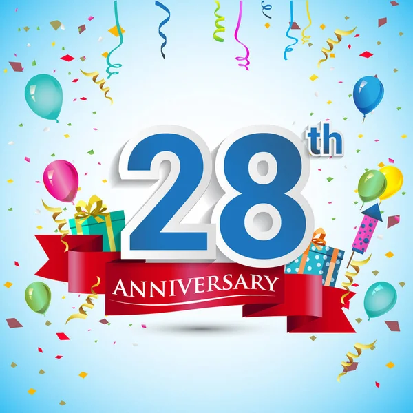 doksan beş için hediye kutusu ve balonlar, kırmızı kurdele, renkli vektör şablon öğeleri ile 28 yıl yıldönümü kutlama tasarım, Doğum günü partisi kutluyor.