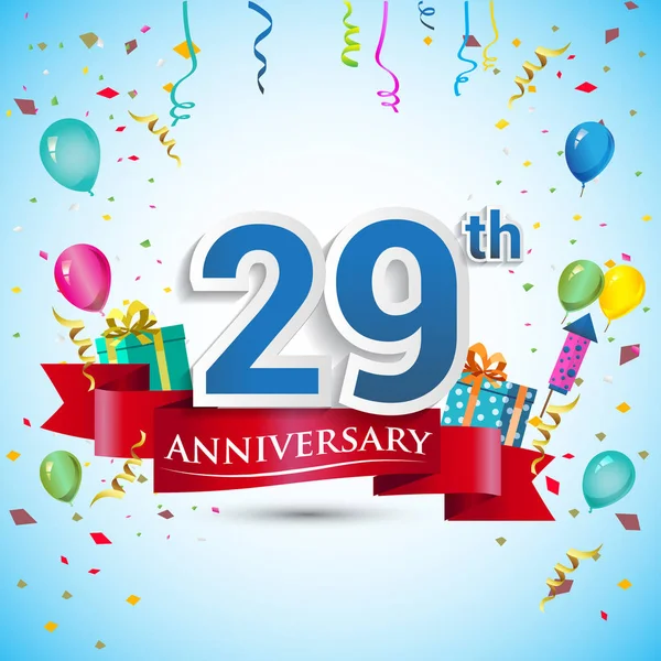 29Th Years Anniversary Celebration Design Con Caja Regalo Globos Cinta — Vector de stock