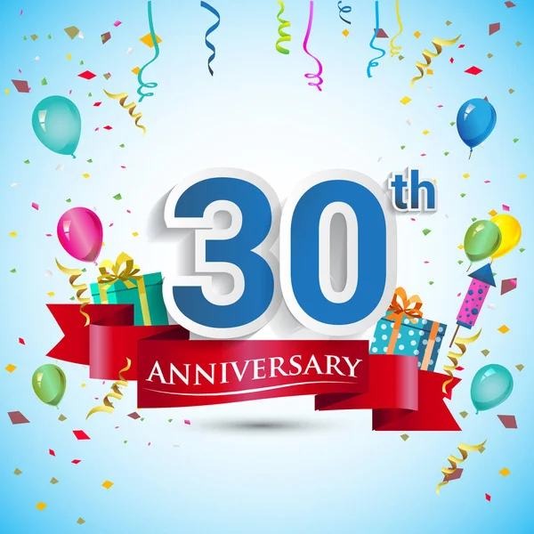 doksan beş için hediye kutusu ve balonlar, kırmızı kurdele, renkli vektör şablon öğeleri ile 30 yıl yıldönümü kutlama tasarım, Doğum günü partisi kutluyor.