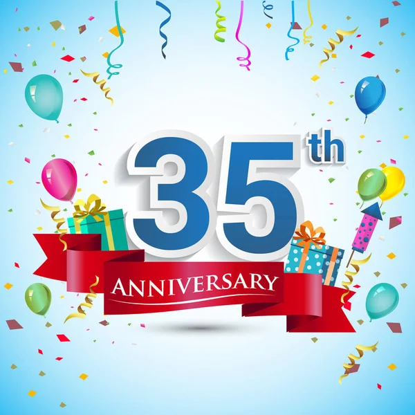 doksan beş için hediye kutusu ve balonlar, kırmızı kurdele, renkli vektör şablon öğeleri ile 35 yıl yıldönümü kutlama tasarım, Doğum günü partisi kutluyor.