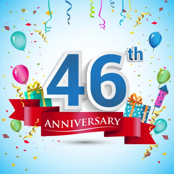doksan beş için hediye kutusu ve balonlar, kırmızı kurdele, renkli vektör şablon öğeleri ile 46 yıl yıldönümü kutlama tasarım, Doğum günü partisi kutluyor.
