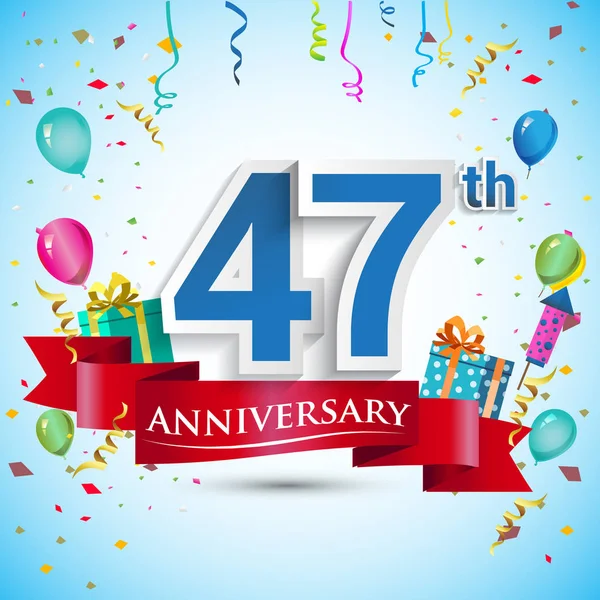 doksan beş için hediye kutusu ve balonlar, kırmızı kurdele, renkli vektör şablon öğeleri ile 47 yıl yıldönümü kutlama tasarım, Doğum günü partisi kutluyor.